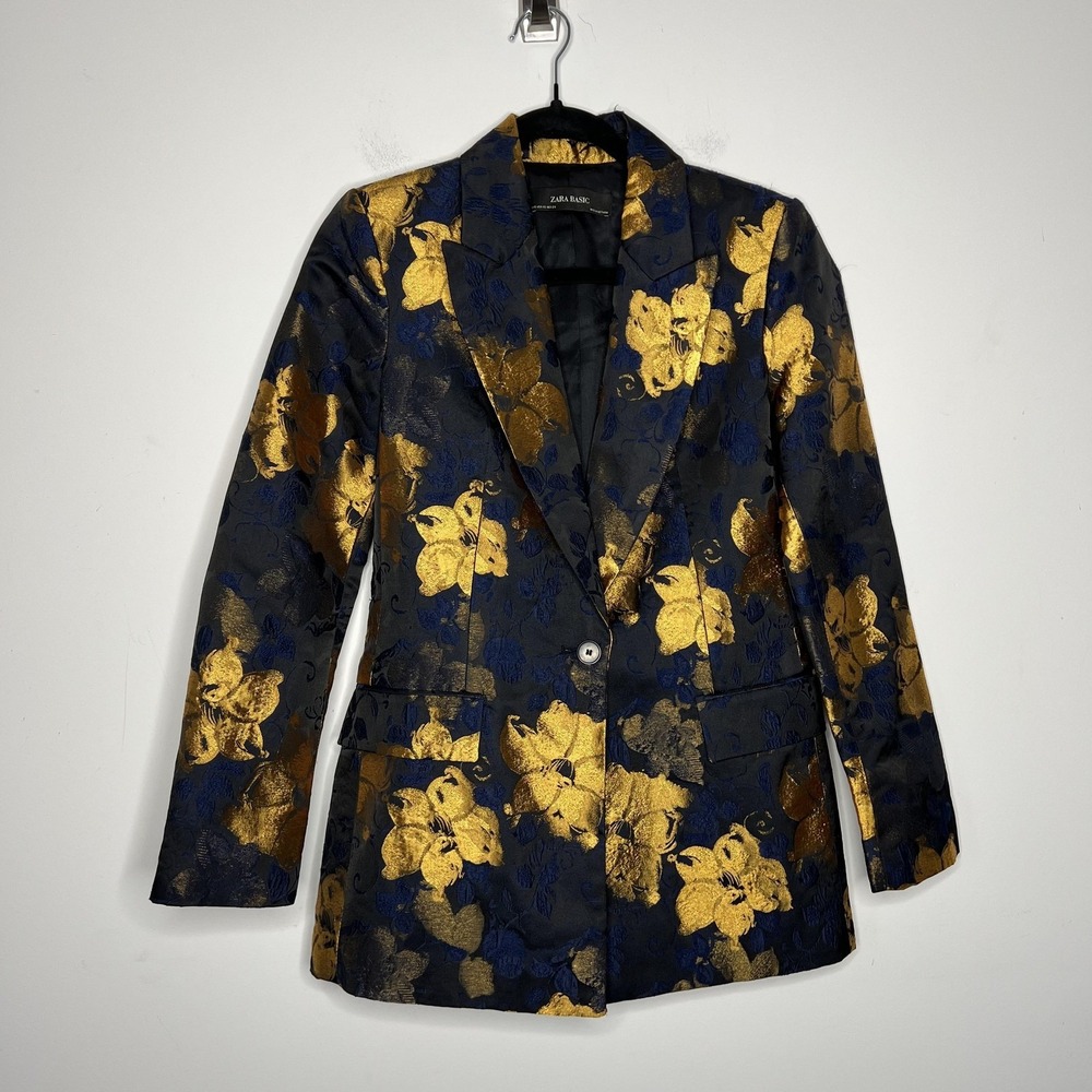 Zara Basic Blazer Womens XS Black Gold Blue Floral Jacquard One Button Party